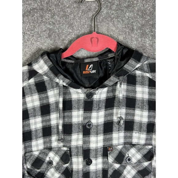 Amplify Lightweight Hooded Button Up Flannel Shirt Mens Large‎ Long Sleeve Black - Picture 9 of 15